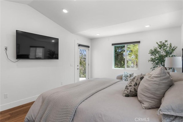 4674 Norton Pl, Riverside, CA 92506 - bedroom with wood finished floors, recessed lighting, baseboards, vaulted ceiling, and access to exterior