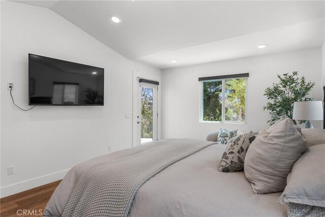 4674 Norton Pl, Riverside, CA 92506 - bedroom with wood finished floors, recessed lighting, baseboards, lofted ceiling, and access to exterior