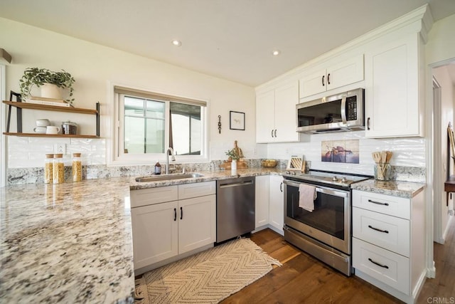 3890 Vista Campana S Unit 35, Oceanside, CA 92057 - kitchen featuring stainless steel appliances, a sink, white cabinets, backsplash, and recessed lighting