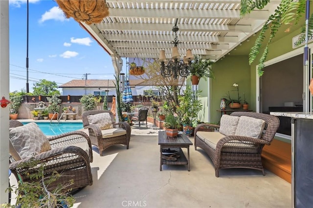 11900 Covello St, North Hollywood, CA 91605 - fenced backyard featuring outdoor lounge area, a pergola, and a patio