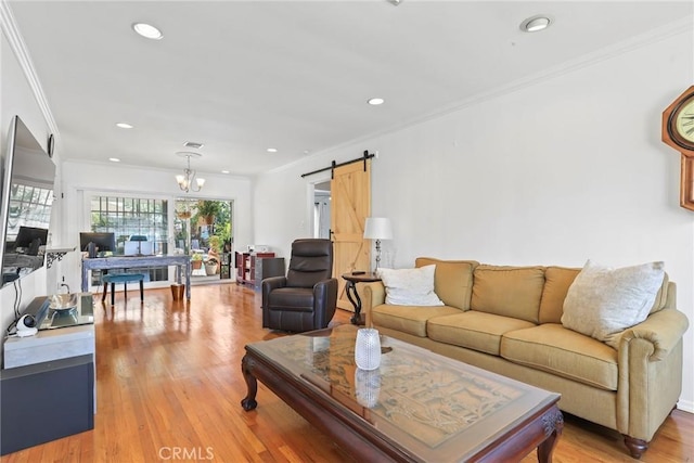 11900 Covello St, North Hollywood, CA 91605 - living room featuring a barn door, crown molding, a chandelier, light wood finished floors, and a desk