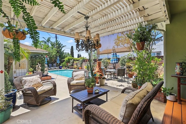 11900 Covello St, North Hollywood, CA 91605 - view of patio with an outdoor living space, a pergola, an outdoor pool, and outdoor dining area