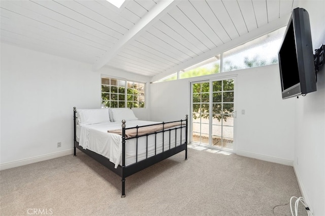 4950 Dunman Ave, Woodland Hills, CA 91364 - bedroom featuring light colored carpet, access to exterior, baseboards, and wooden ceiling