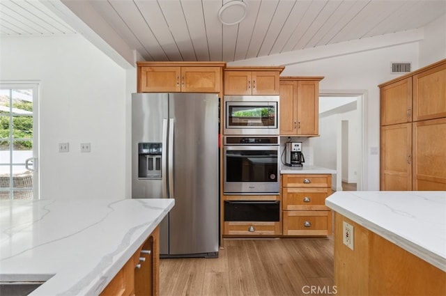 4950 Dunman Ave, Woodland Hills, CA 91364 - kitchen featuring stainless steel appliances, a warming drawer, light wood finished floors, wood ceiling, and light stone counters