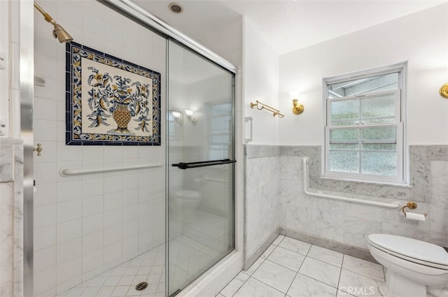 4950 Dunman Ave, Woodland Hills, CA 91364 - full bathroom with toilet, a stall shower, tile walls, and wainscoting