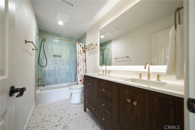 2902 Easton Pl, Rowland Heights, CA 91748 - full bath featuring shower / tub combo, double vanity, toilet, baseboards, and speckle patterned floor
