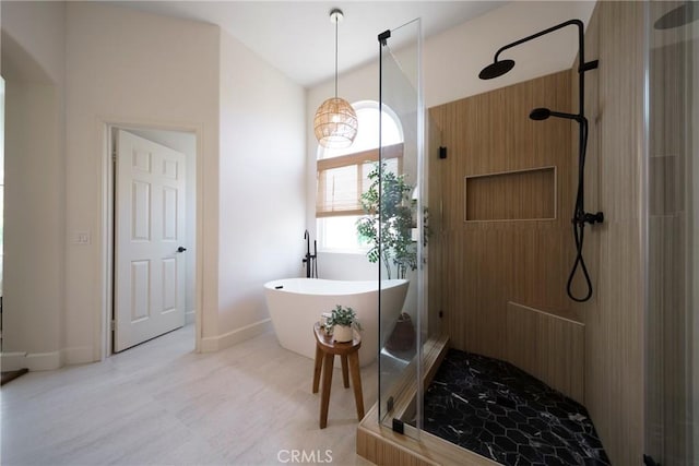 2902 Easton Pl, Rowland Heights, CA 91748 - full bath featuring walk in shower, a freestanding bath, and baseboards