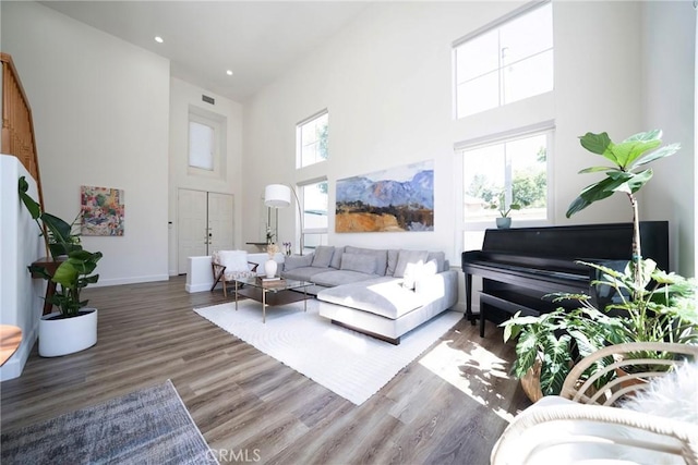 2902 Easton Pl, Rowland Heights, CA 91748 - living area with a high ceiling, wood finished floors, baseboards, and recessed lighting