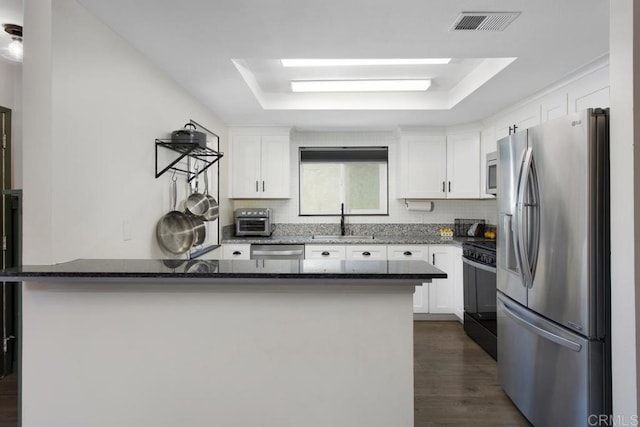 4736 Dalea Pl, Oceanside, CA 92057 - kitchen featuring appliances with stainless steel finishes, a sink, a raised ceiling, and white cabinets
