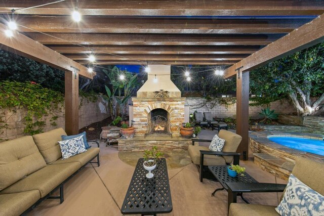 7845 Caminito Camelia, San Diego, CA 92127 - fenced backyard featuring an outdoor living space with a fireplace, a patio, and a pergola