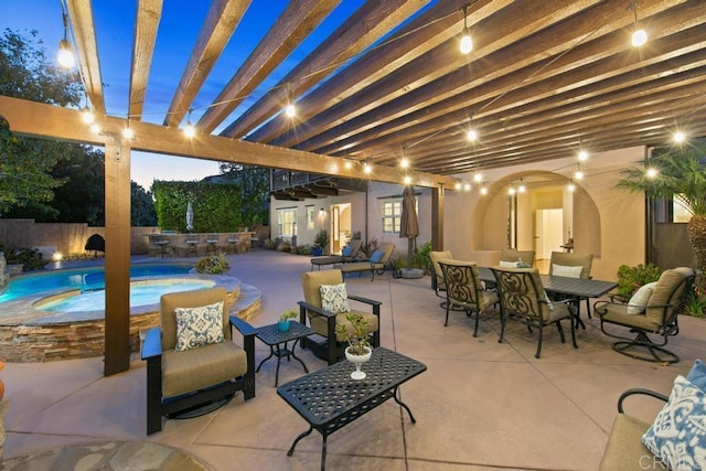 7845 Caminito Camelia, San Diego, CA 92127 - view of patio / terrace featuring outdoor dining area, an outdoor hangout area, and an in-ground hot tub