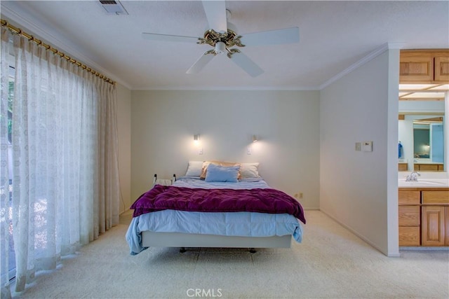 1375 San Gabriel Way, Merced, CA 95340 - bedroom with light colored carpet, a sink, ornamental molding, baseboards, and a ceiling fan