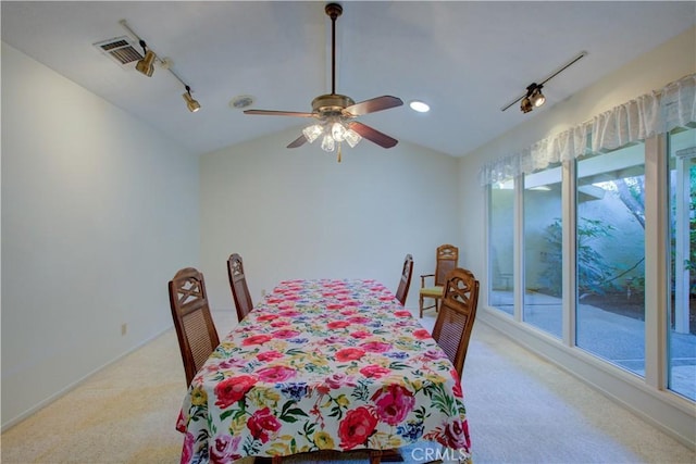 1375 San Gabriel Way, Merced, CA 95340 - dining room featuring light colored carpet, a ceiling fan, rail lighting, lofted ceiling, and recessed lighting
