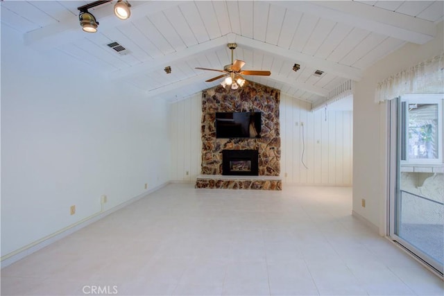 1375 San Gabriel Way, Merced, CA 95340 - unfurnished living room featuring a stone fireplace, a ceiling fan, and baseboards