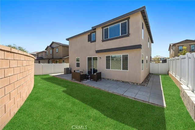 2544 Gunner Ridge Way, Rialto, CA 92377 - back of property with stucco siding, a patio area, central air condition unit, and outdoor lounge area