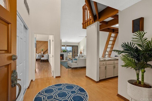 801 Kalpati Cir Unit B, Carlsbad, CA 92008 - foyer entrance with light wood finished floors and a brick fireplace