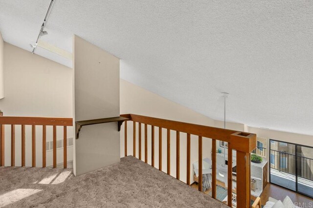 801 Kalpati Cir Unit B, Carlsbad, CA 92008 - stairway with a textured ceiling, carpet, and rail lighting