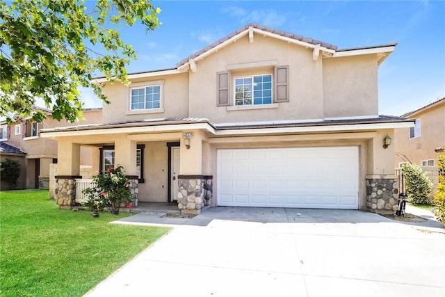 45529 36th St E, Lancaster, CA 93535 - traditional-style home with stucco siding, a garage, a front yard, stone siding, and driveway