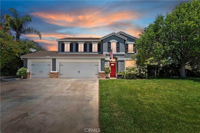 1825 Duncan Way, Corona, CA 92881 - view of front of home featuring concrete driveway, a lawn, a tiled roof, and a garage