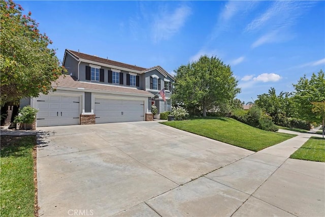1825 Duncan Way, Corona, CA 92881 - traditional-style house with a tile roof, a front lawn, concrete driveway, an attached garage, and brick siding