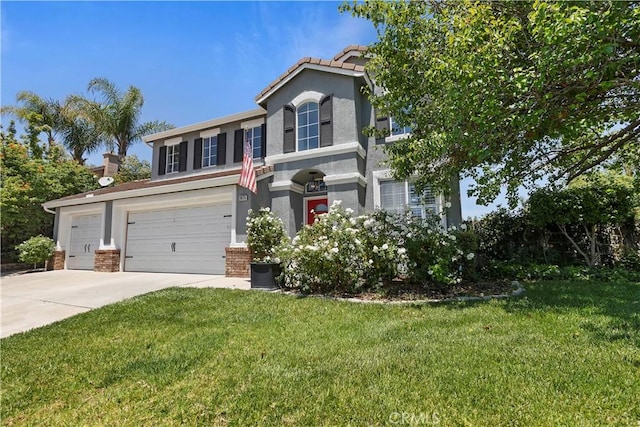 1825 Duncan Way, Corona, CA 92881 - view of front of property featuring driveway, a front yard, stucco siding, a garage, and brick siding