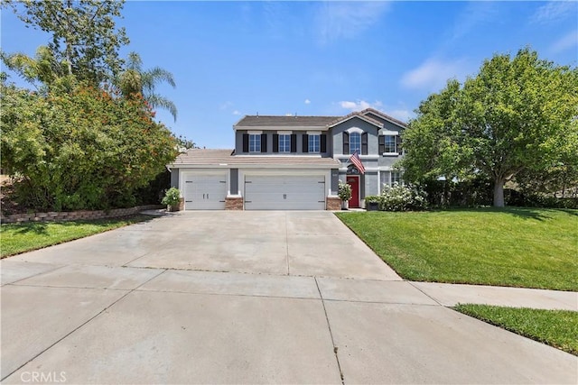 1825 Duncan Way, Corona, CA 92881 - traditional-style home with driveway, a front yard, stucco siding, brick siding, and a tiled roof