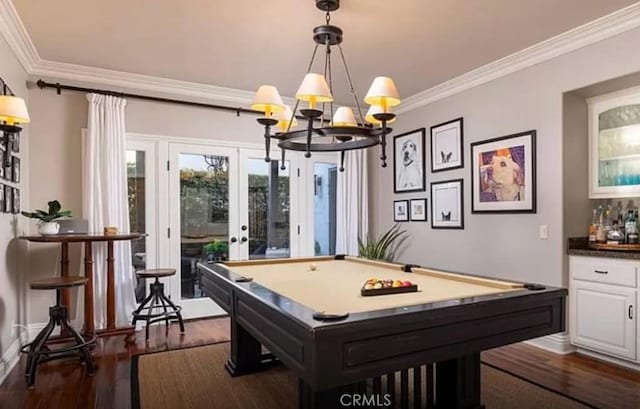 411 Snug Harbor Rd, Newport Beach, CA 92663 - game room featuring ornamental molding, dark wood finished floors, pool table, a chandelier, and baseboards