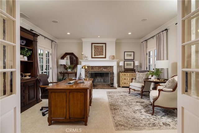 411 Snug Harbor Rd, Newport Beach, CA 92663 - office space with ornamental molding, carpet, a premium fireplace, and recessed lighting