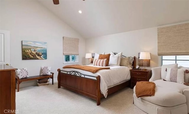 411 Snug Harbor Rd, Newport Beach, CA 92663 - bedroom featuring light colored carpet, a ceiling fan, and high vaulted ceiling