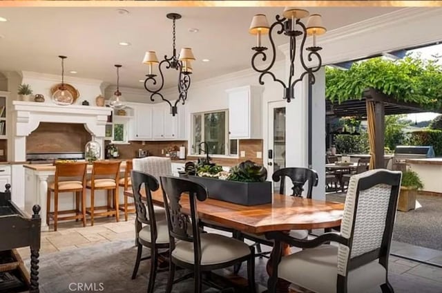 411 Snug Harbor Rd, Newport Beach, CA 92663 - dining area with crown molding, a chandelier, plenty of natural light, and recessed lighting