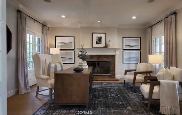 411 Snug Harbor Rd, Newport Beach, CA 92663 - living area with baseboards, dark wood-style flooring, recessed lighting, and a fireplace