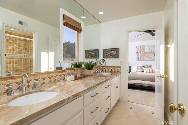 411 Snug Harbor Rd, Newport Beach, CA 92663 - full bathroom featuring double vanity, ensuite bathroom, tile patterned flooring, ceiling fan, and a shower