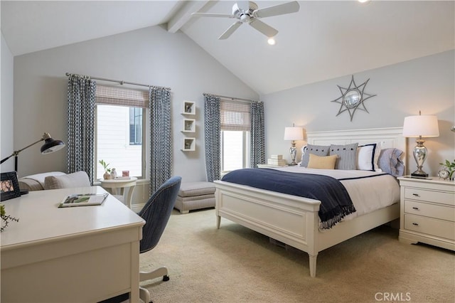 411 Snug Harbor Rd, Newport Beach, CA 92663 - bedroom with light carpet, beamed ceiling, a ceiling fan, recessed lighting, and high vaulted ceiling