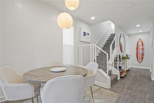 1639 Bridgewater Way, Costa Mesa, CA 92627 - dining space featuring stairs, wood finished floors, baseboards, and recessed lighting