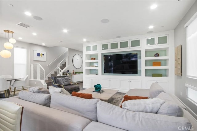 1639 Bridgewater Way, Costa Mesa, CA 92627 - living area featuring stairway, recessed lighting, and built in features