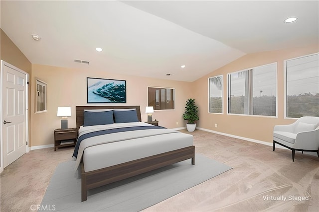 5338 S Chariton Ave, Ladera Heights, CA 90056 - bedroom with light carpet, vaulted ceiling, baseboards, and recessed lighting
