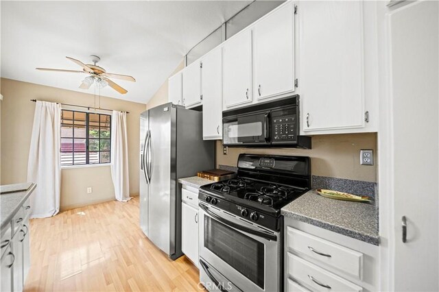 3501 W Greentree Cir Unit F, Anaheim, CA 92804 - kitchen featuring stainless steel appliances, ceiling fan, lofted ceiling, white cabinets, and light wood-style floors
