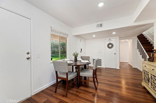 770 Libby Dr, Riverside, CA 92507 - dining area featuring stairs, dark wood-style floors, baseboards, and recessed lighting