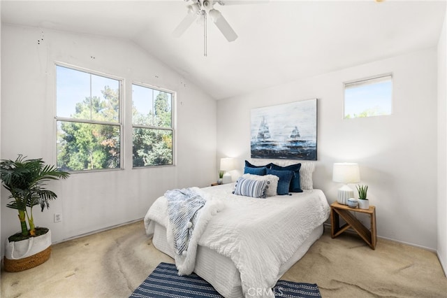167 Iris Ln, Brea, CA 92821 - carpeted bedroom with multiple windows, lofted ceiling, and ceiling fan