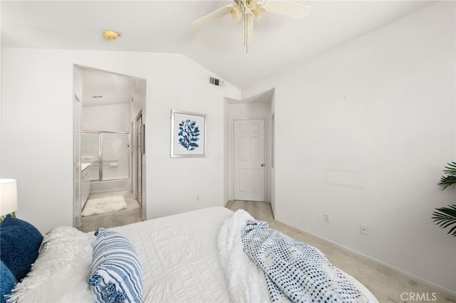 167 Iris Ln, Brea, CA 92821 - bedroom featuring vaulted ceiling, light colored carpet, ensuite bath, a ceiling fan, and baseboards