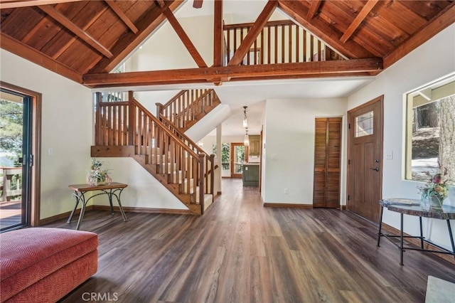 551 Raccoon Ct, Lake Arrowhead, CA 92352 - entrance foyer featuring stairs, wood finished floors, high vaulted ceiling, baseboards, and wood ceiling with exposed beams