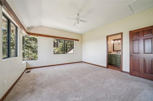 551 Raccoon Ct, Lake Arrowhead, CA 92352 - unfurnished bedroom featuring carpet flooring, vaulted ceiling, baseboards, attic access, and ensuite bath