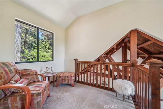 551 Raccoon Ct, Lake Arrowhead, CA 92352 - living area featuring vaulted ceiling, carpet flooring, and an upstairs landing