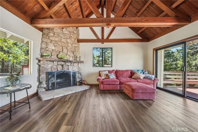 551 Raccoon Ct, Lake Arrowhead, CA 92352 - living room featuring wood finished floors, a fireplace, wood ceiling, and baseboards