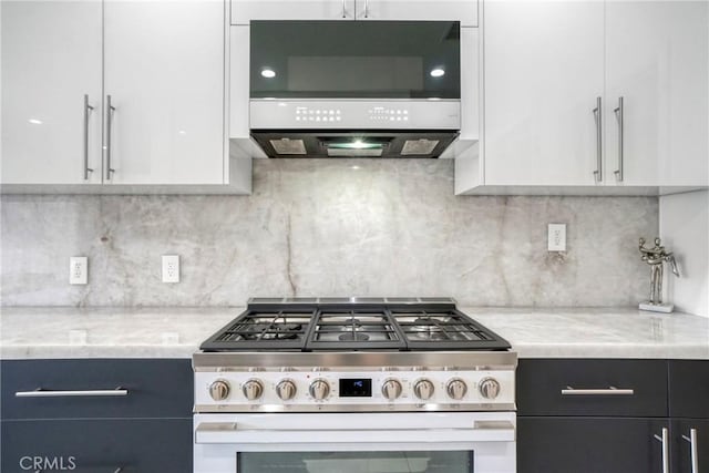 14347 Albers St Unit 207, Sherman Oaks, CA 91401 - kitchen featuring gas stove, white cabinets, decorative backsplash, and light stone counters