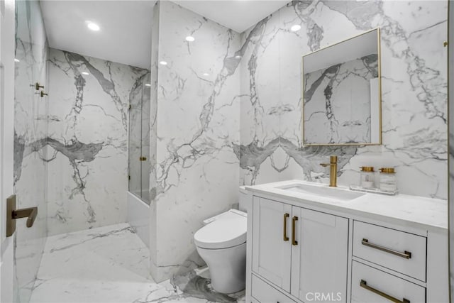 14347 Albers St Unit 207, Sherman Oaks, CA 91401 - bathroom with stone wall, toilet, vanity, a combined bath / shower with marble appearance, and marble tiled floors
