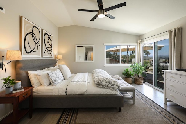 13356 Corte De Chucena, San Diego, CA 92128 - bedroom featuring access to outside, vaulted ceiling, dark wood-style flooring, and ceiling fan