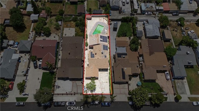 14276 Aztec St, Sylmar, CA 91342 - aerial perspective of suburban area with property parcel outlined and a pool area