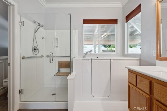 19613 Edmonds Pl, Saugus, CA 91350 - full bathroom with a shower stall, crown molding, vanity, and a bath