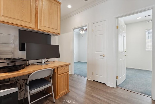 19613 Edmonds Pl, Saugus, CA 91350 - office space featuring crown molding, wood finished floors, a ceiling fan, and recessed lighting